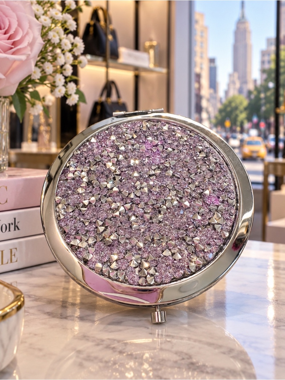 Silver Double Compact with crystal encrusted top lid